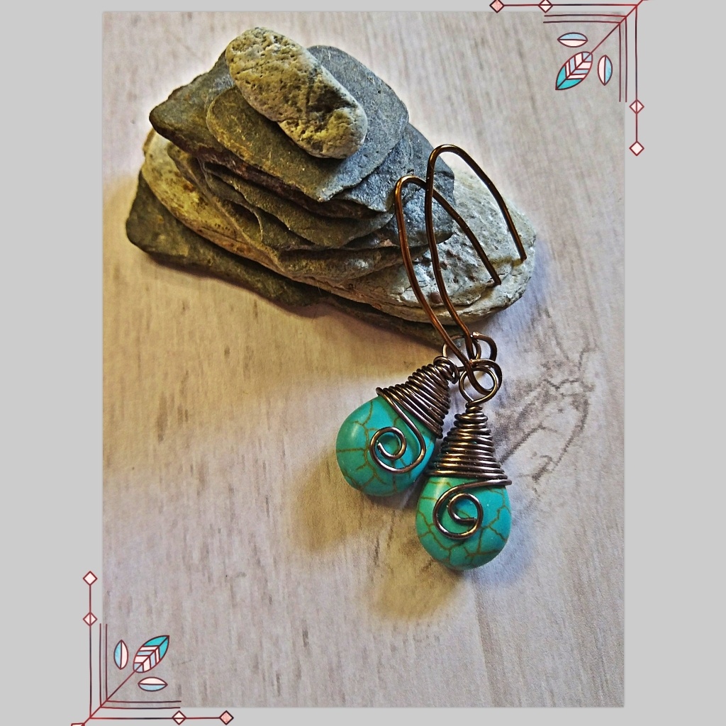 Boho Wire Wrapturquoise Howlite Briolette Earrings
